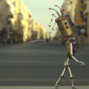 robot wearing jewellery walking in the street